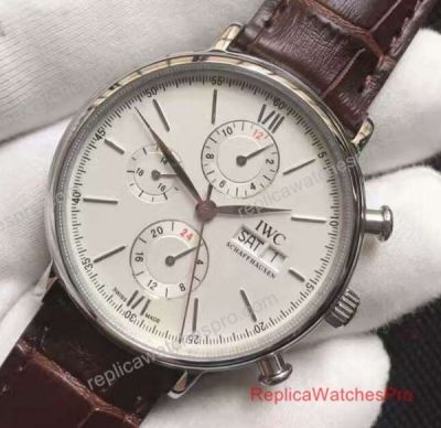 Replica IWC Schaffhausen Portofino Watch SS White Chronograph Brown Leather Band